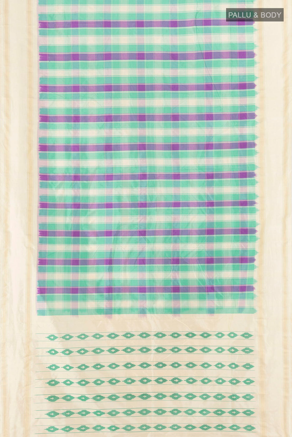 Flat view of Pure Silk Multi Color Pochampally Saree with Ikat Print on the body and Plain Border. 