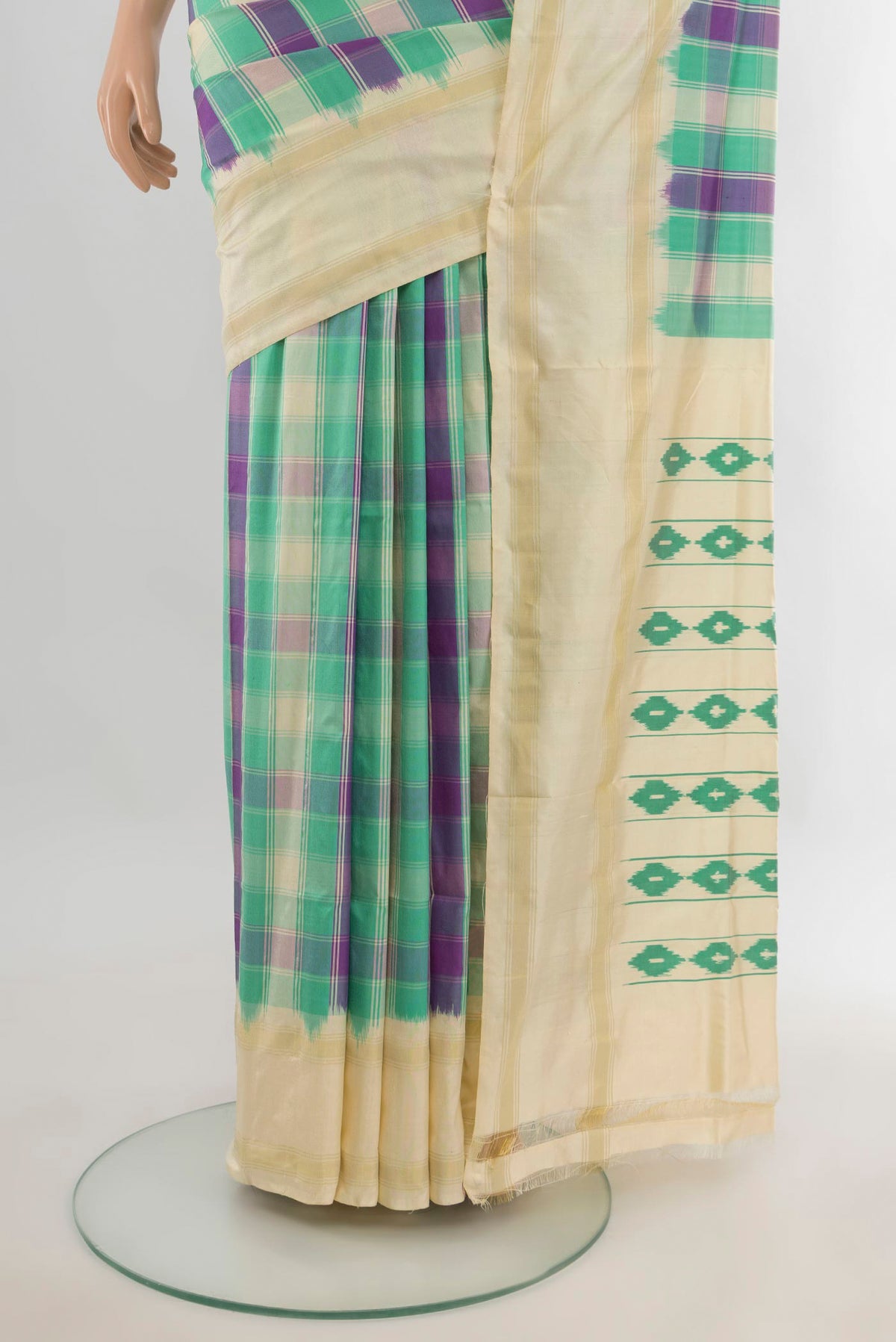 Pleats and pallu of Pure Silk Multi Color Pochampally Saree with Ikat Print on the body and Plain Border. 