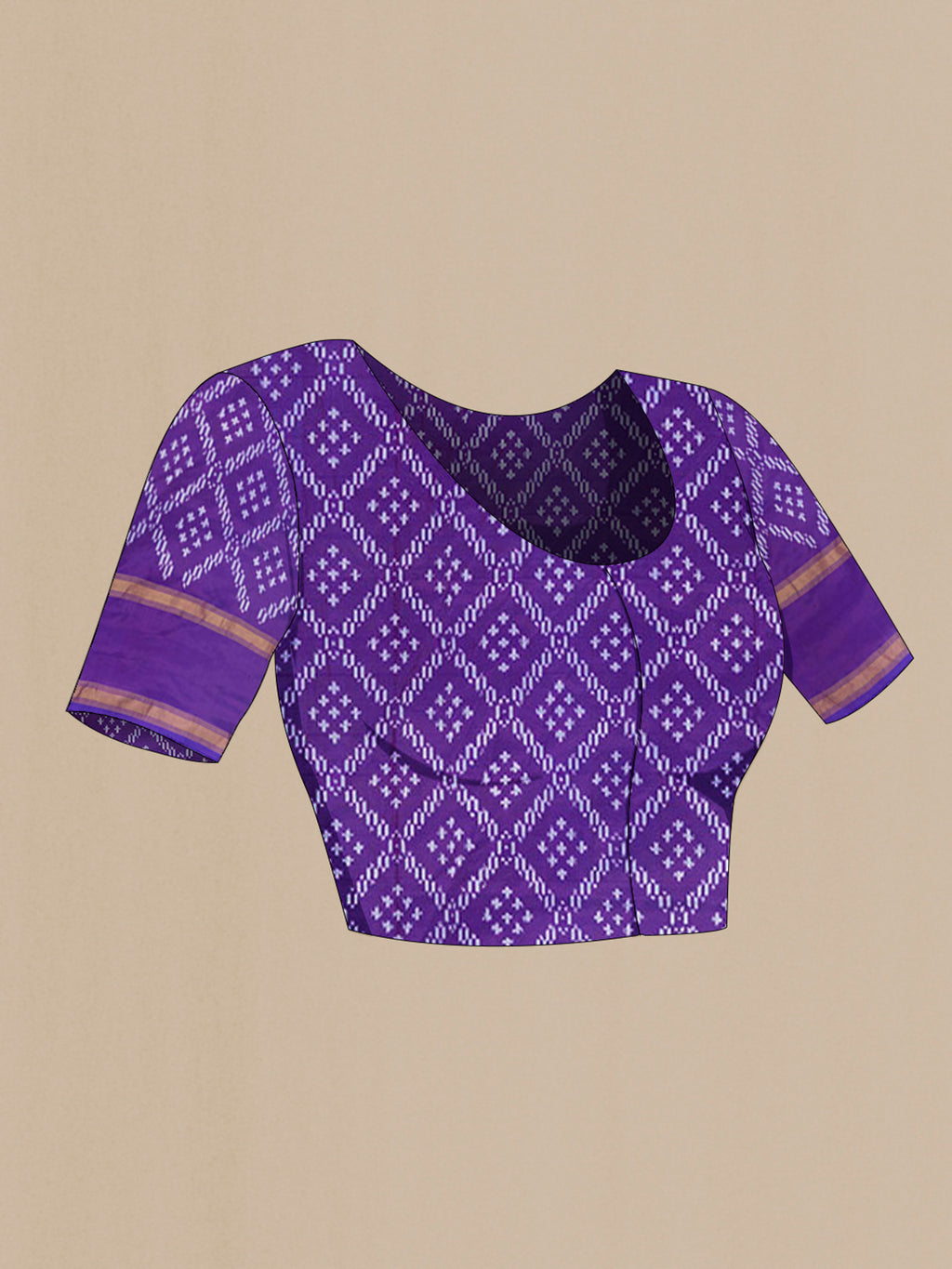 Close up image of the blouse of Pure Silk Coral Pochampally Saree with Checked design on the body and Plain Border. 