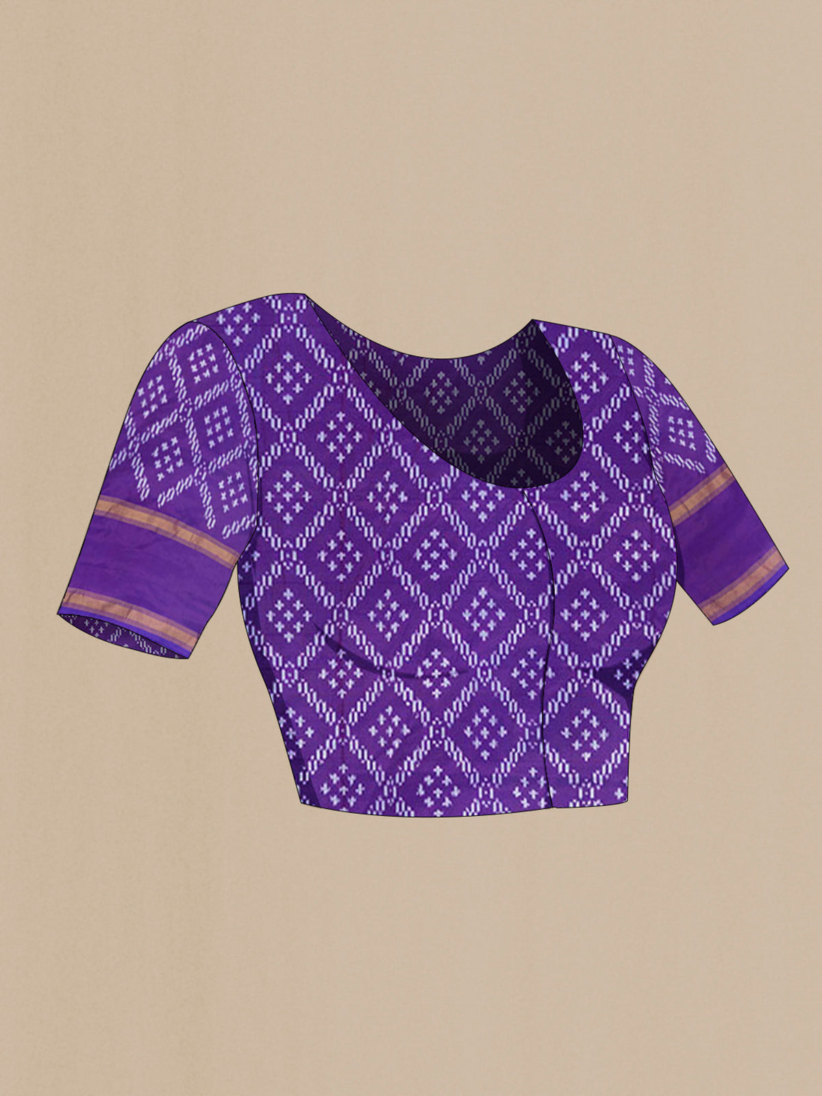 Close up image of the blouse of Pure Silk Coral Pochampally Saree with Checked design on the body and Plain Border. 