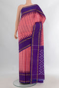 Pure Silk Coral Pochampally Saree with Checked design on the body and Plain Border.  displayed on a mannequin