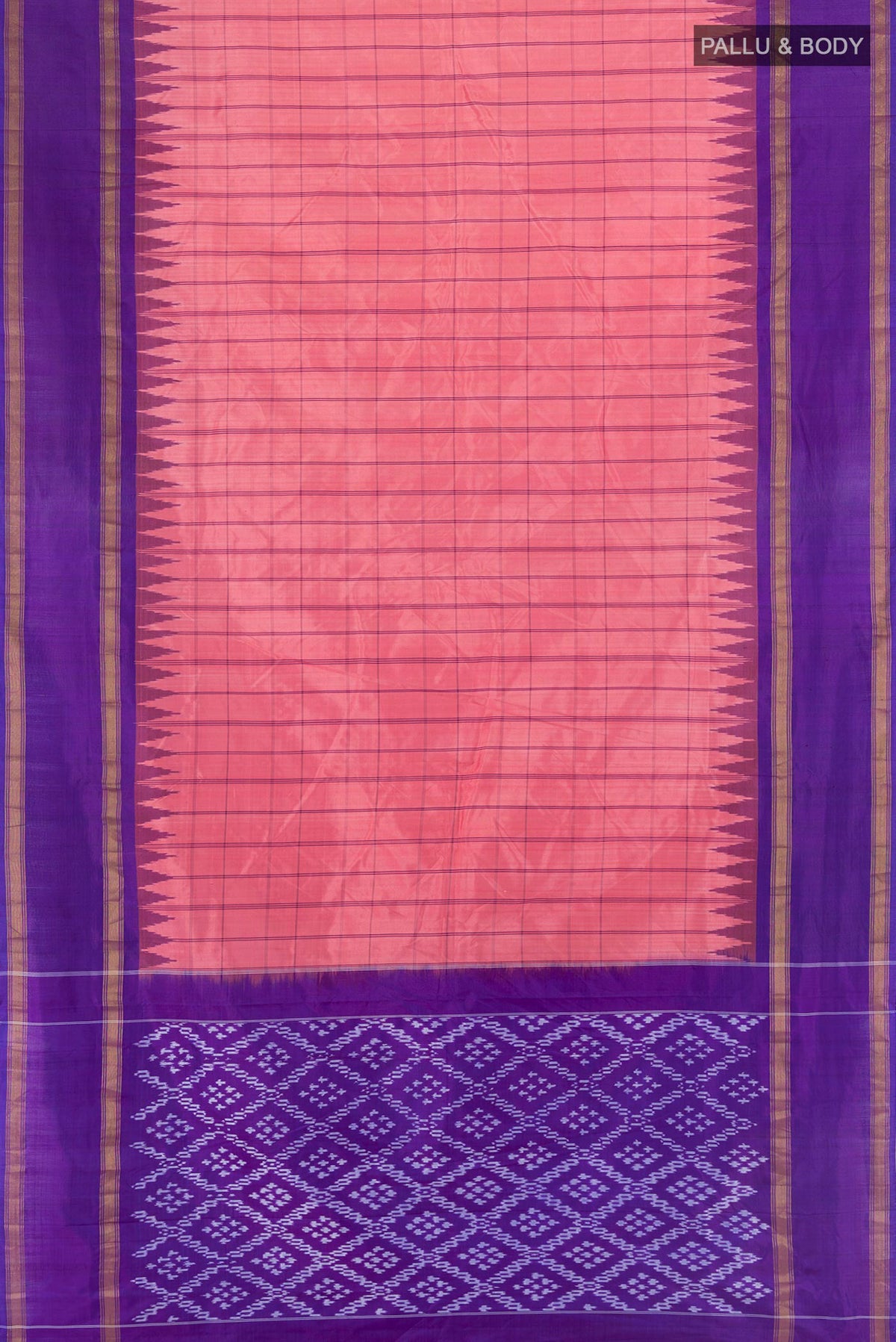 Flat view of Pure Silk Coral Pochampally Saree with Checked design on the body and Plain Border. 