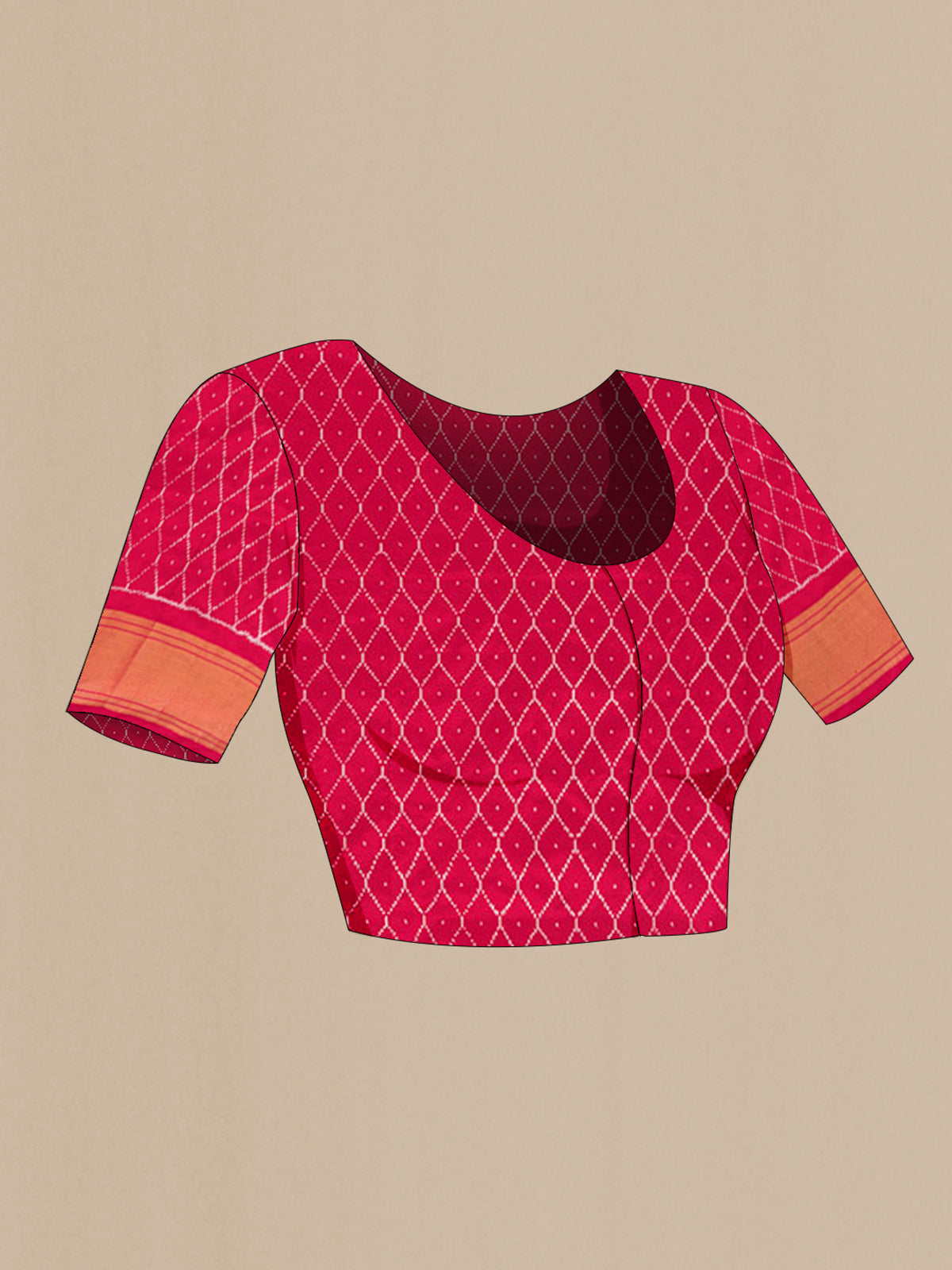 Close up image of the blouse of Pure Silk Orange Pochampally Saree with Pure Ikat on the body and Zari Border. 