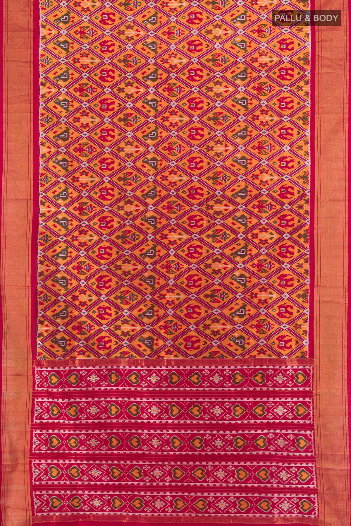 Flat view of Pure Silk Orange Pochampally Saree with Pure Ikat on the body and Zari Border. 