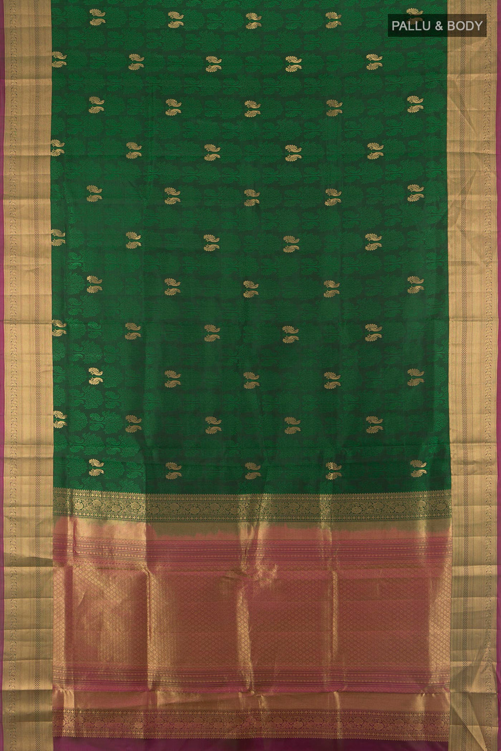 Flat view of Pure Silk Bottle Green Soft Saree with Jacquard With Zari Butta on the body and Zari Border. 