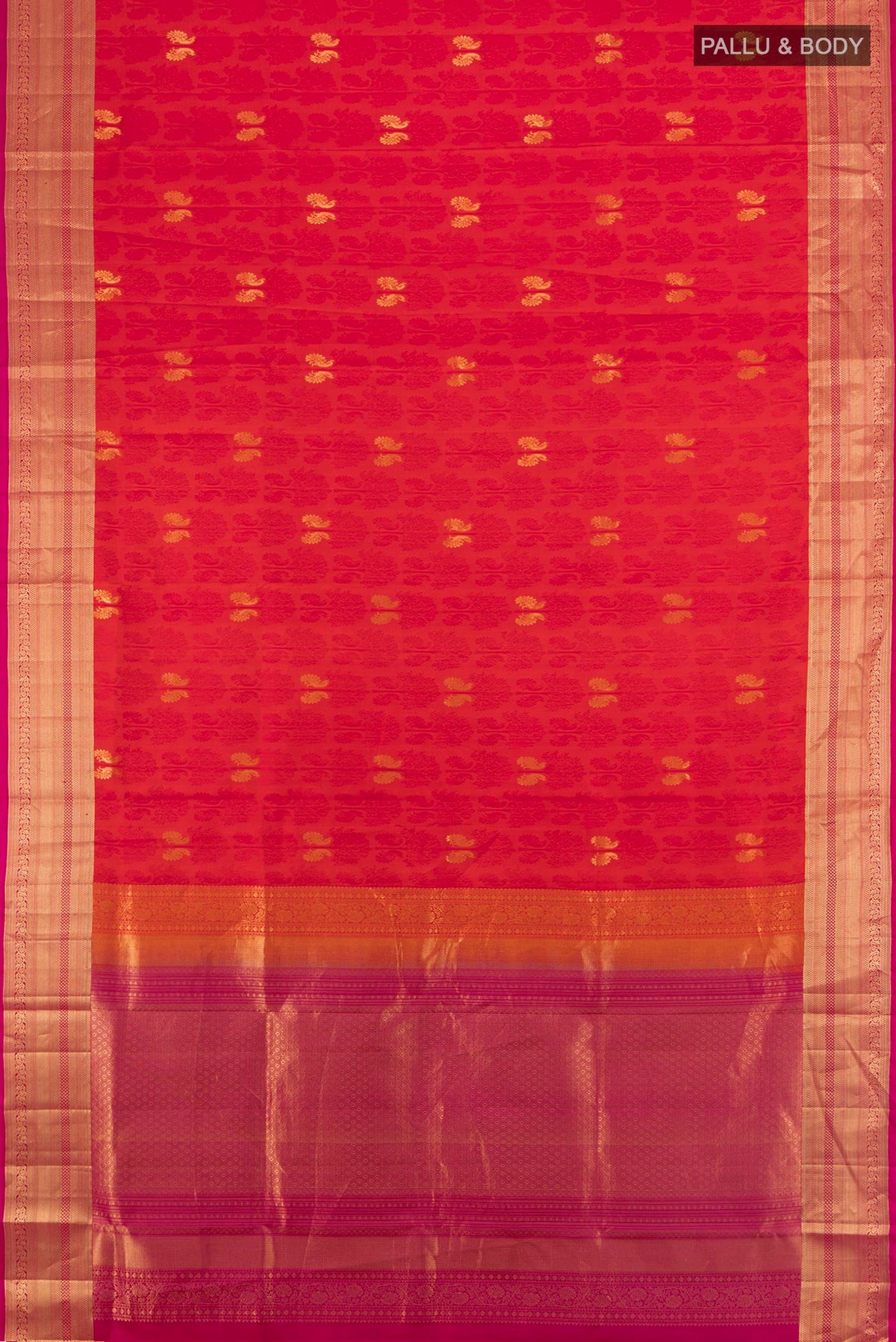 Flat view of Pure Silk Brick Orange Soft Saree with Jacquard design on the body and Zari Border. 