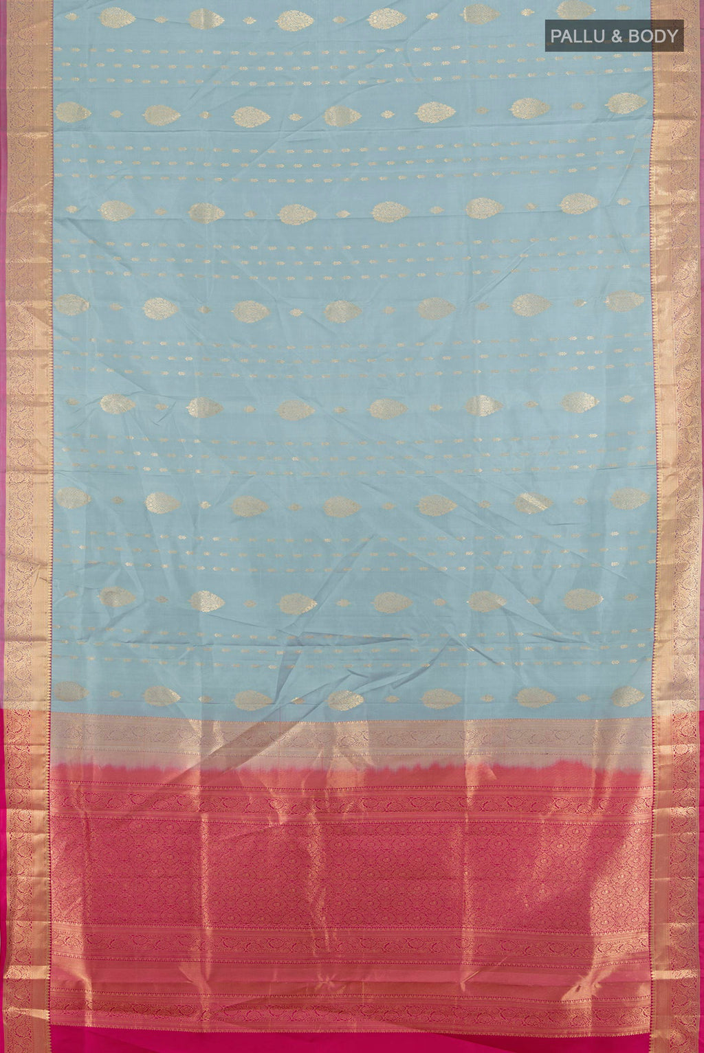 Flat view of Pure Silk Davys Grey Soft Saree with Zari Butta on the body and Zari Border. 