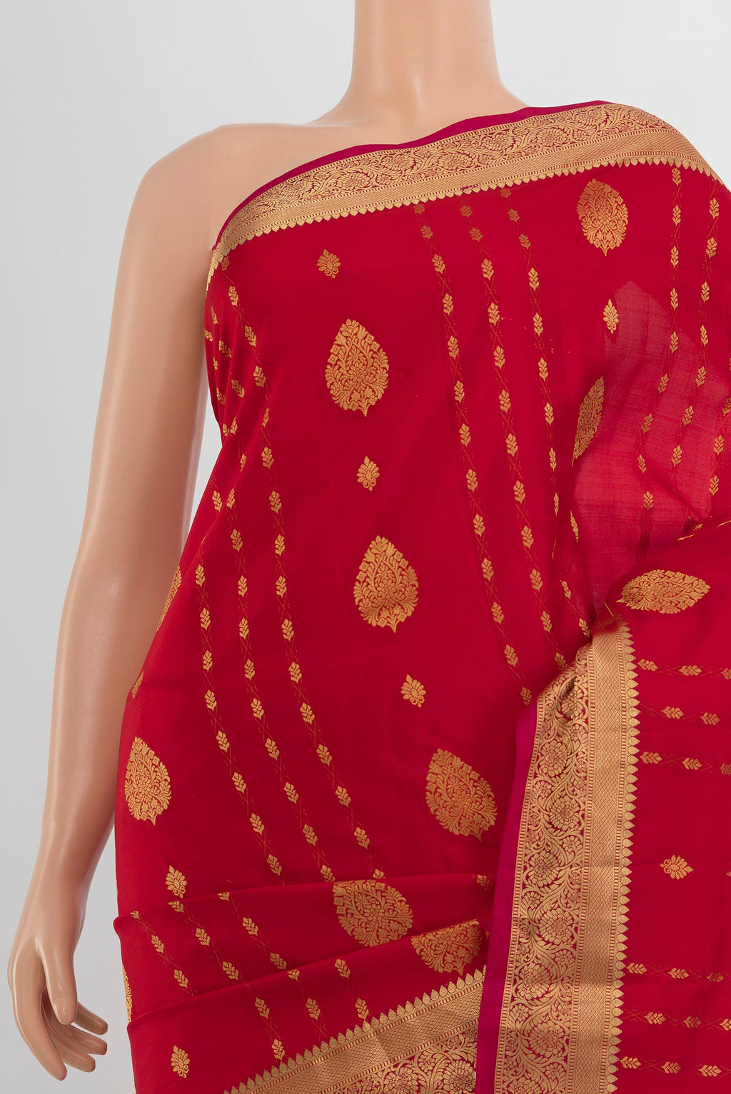 Border image of Pure Silk Red Soft Saree with Zari Butta on the body and Silk Border. 