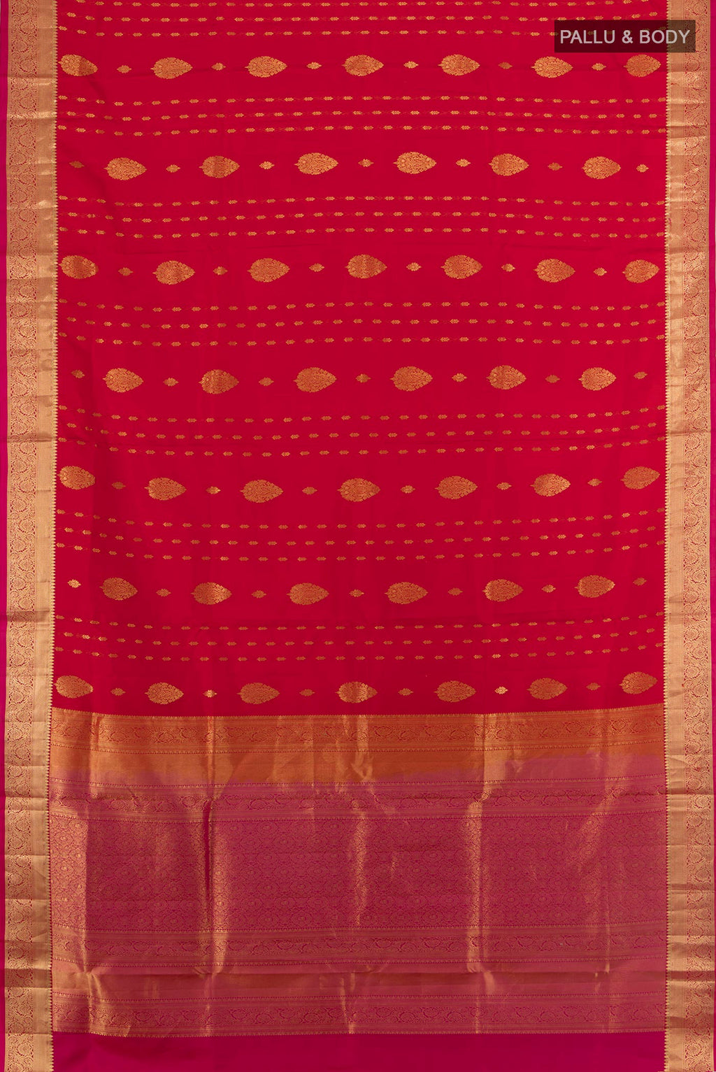 Flat view of Pure Silk Red Soft Saree with Zari Butta on the body and Silk Border. 