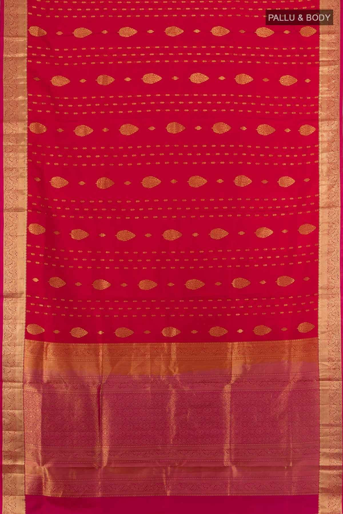 Flat view of Pure Silk Red Soft Saree with Zari Butta on the body and Silk Border. 