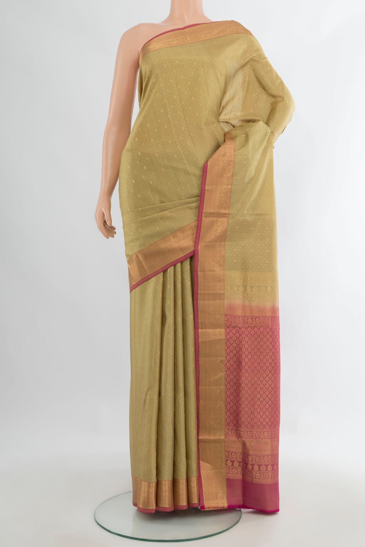 Pure Silk Beige Soft Saree with Jacquard design on the body and Zari Border.  displayed on a mannequin