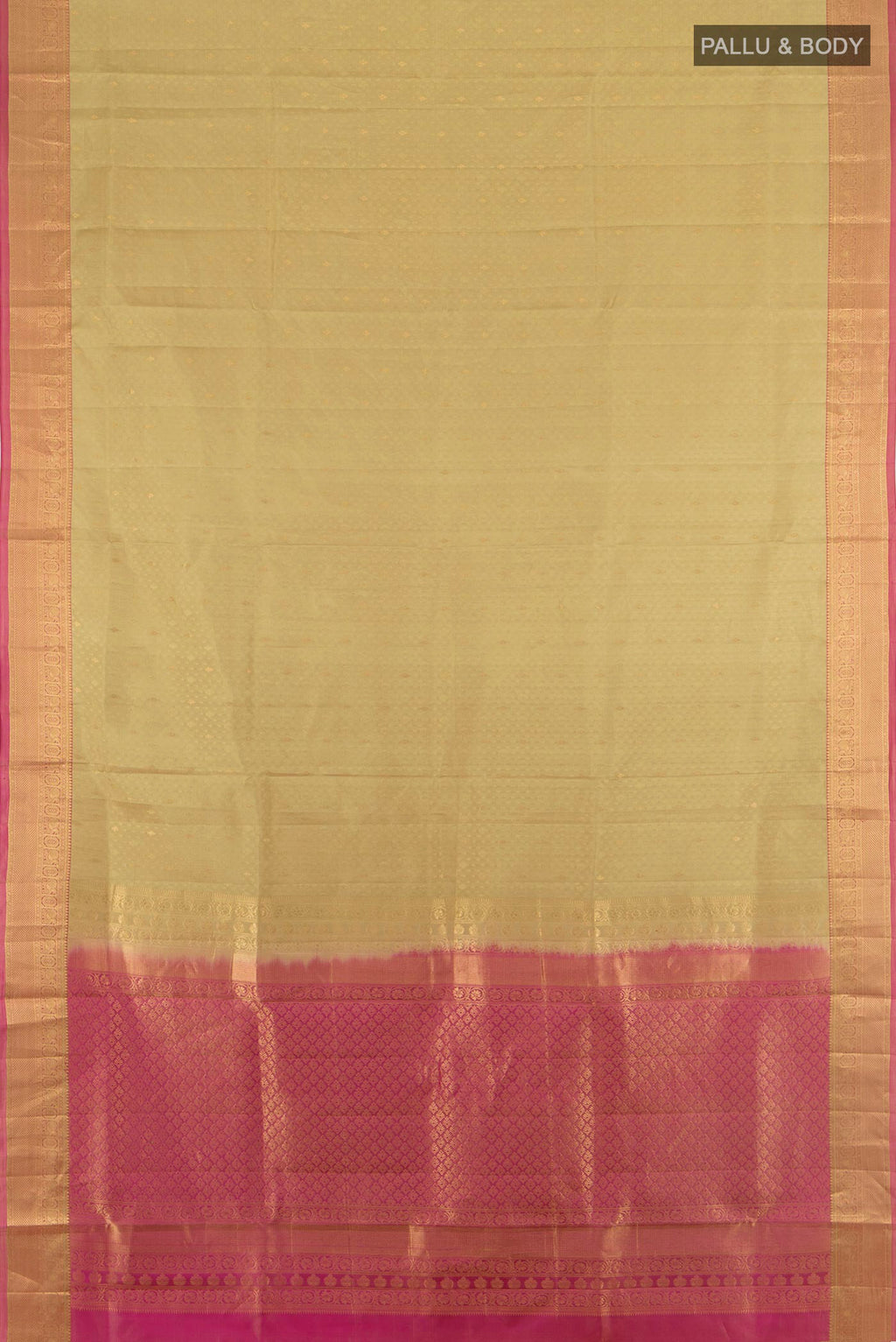 Flat view of Pure Silk Beige Soft Saree with Jacquard design on the body and Zari Border. 