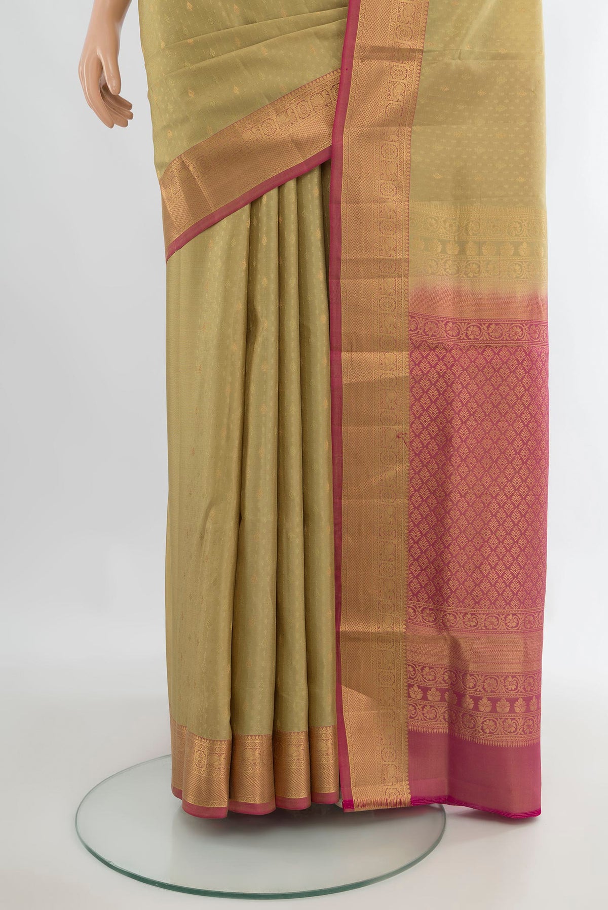 Pleats and pallu of Pure Silk Beige Soft Saree with Jacquard design on the body and Zari Border. 