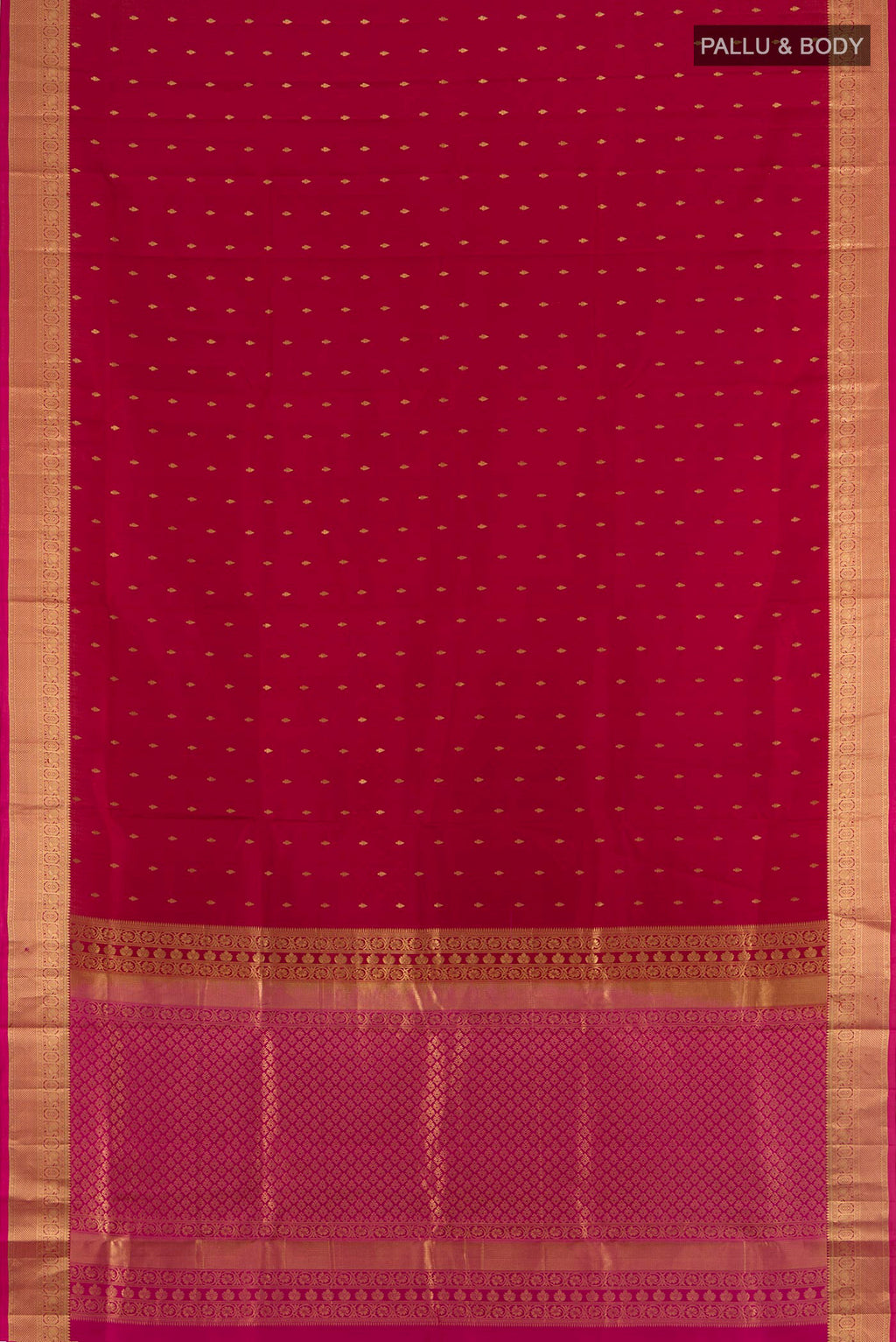 Flat view of Pure Silk Red Soft Saree with Zari Butta on the body and Zari Border. 