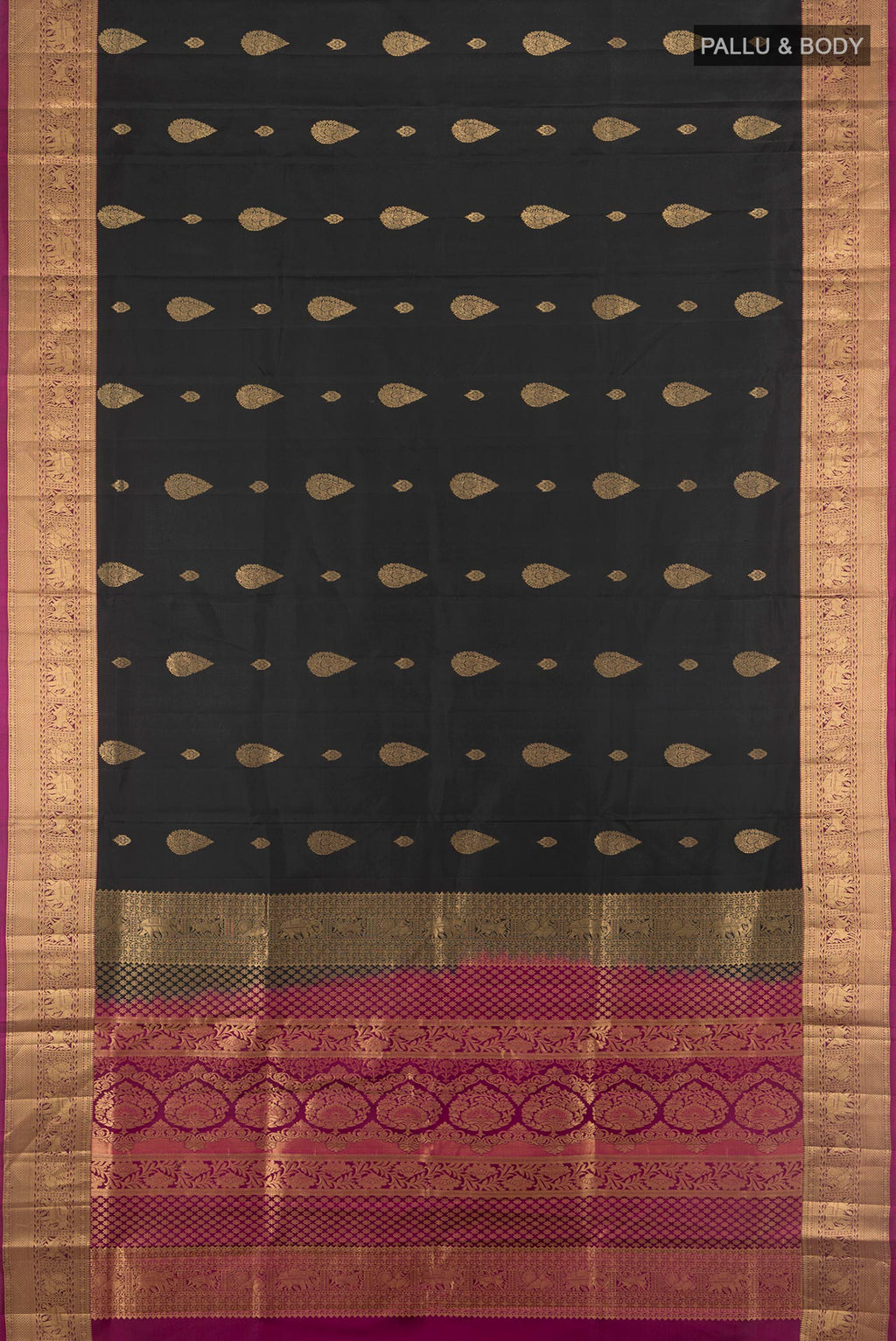 Flat view of Pure Silk Black Soft Saree with Zari Butta on the body and Zari Border. 