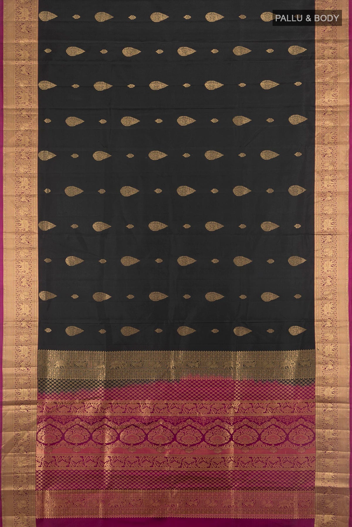 Flat view of Pure Silk Black Soft Saree with Zari Butta on the body and Zari Border. 