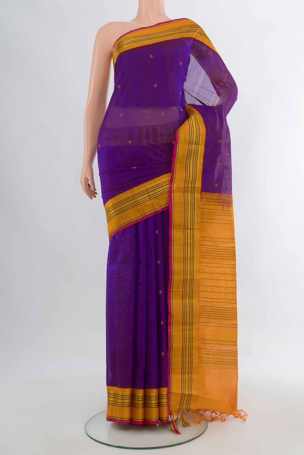 Purple Silk Cotton Saree with Thread Butta on the body and Zari Border.  displayed on a mannequin
