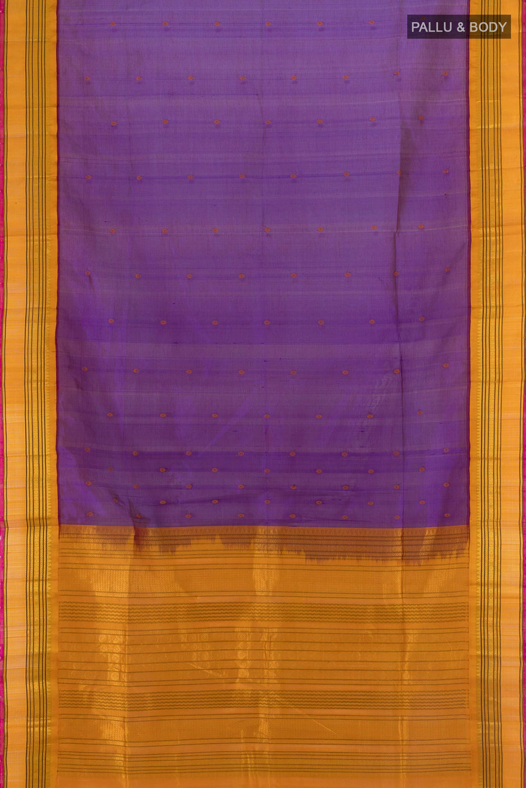 Flat view of Purple Silk Cotton Saree with Thread Butta on the body and Zari Border. 