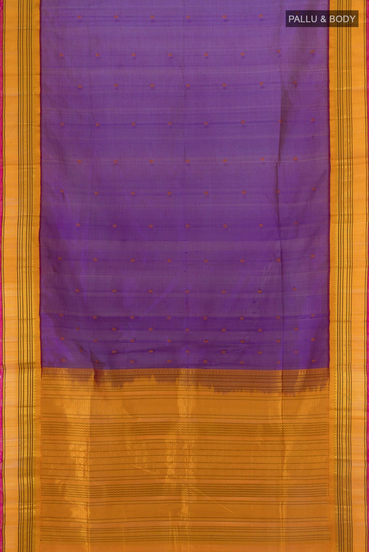 Flat view of Purple Silk Cotton Saree with Thread Butta on the body and Zari Border. 