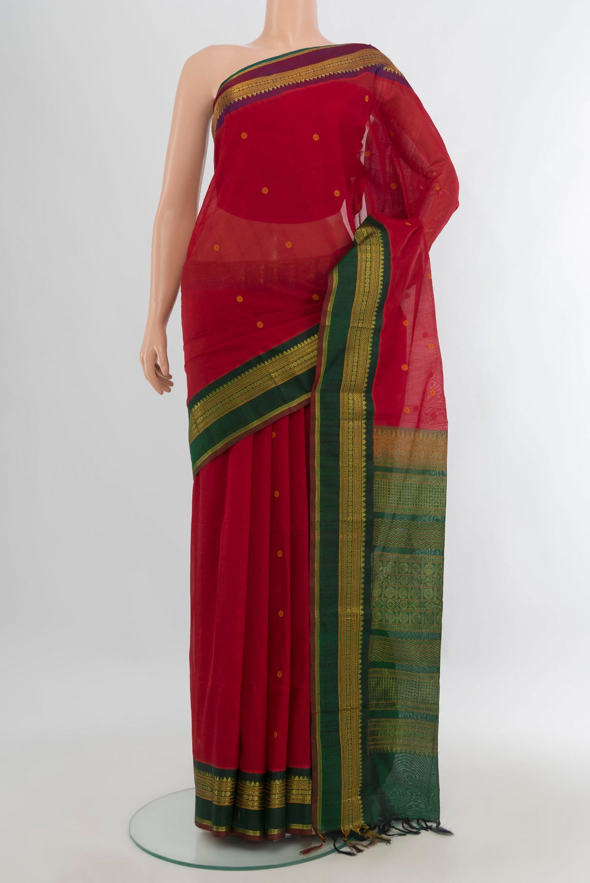 Red Silk Cotton Saree with Thread Brocade on the body and Zari Border.  displayed on a mannequin