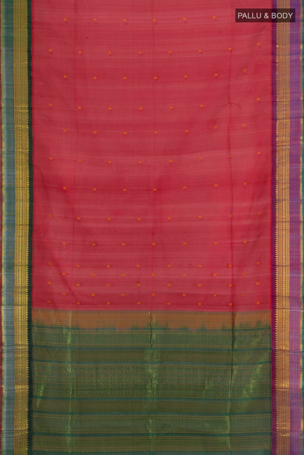 Flat view of Red Silk Cotton Saree with Thread Brocade on the body and Zari Border. 