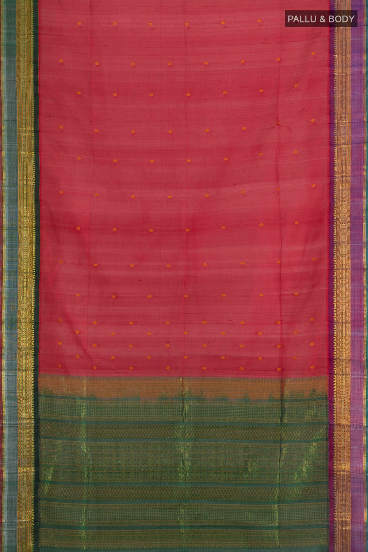 Flat view of Red Silk Cotton Saree with Thread Brocade on the body and Zari Border. 