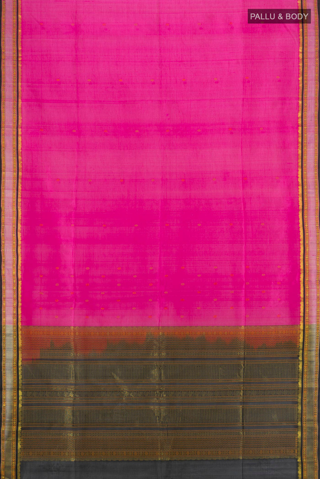 Flat view of Rani Pink Silk Cotton Saree with Thread Butta on the body and Zari Border. 