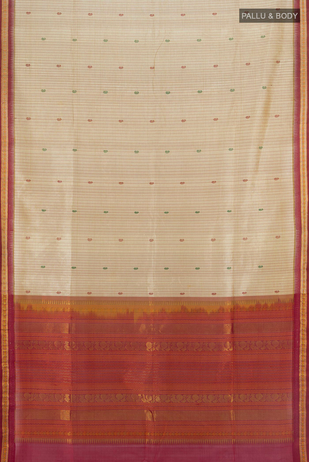 Flat view of Beige Silk Cotton Saree with Stripes on the body and Zari Border. 