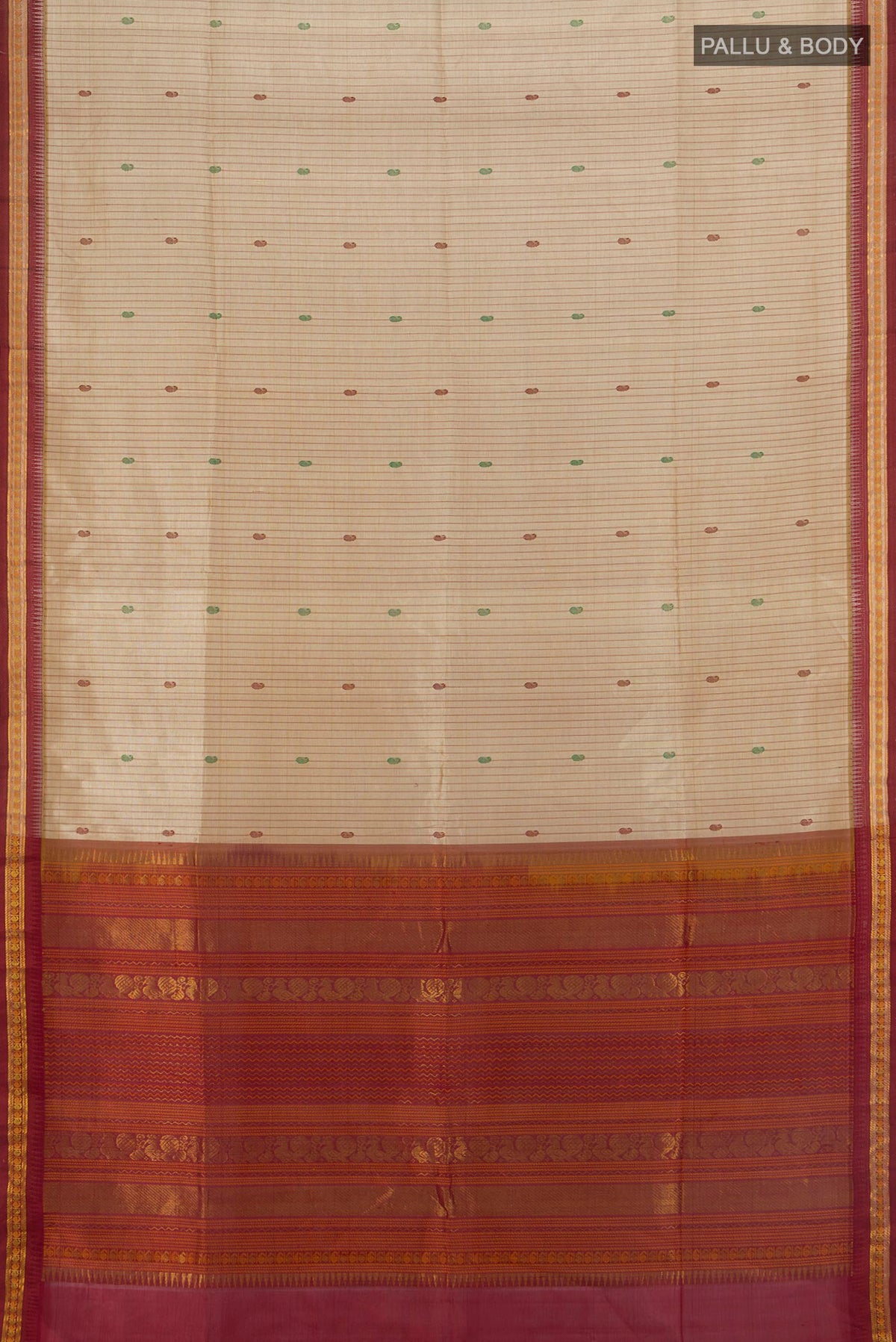 Flat view of Beige Silk Cotton Saree with Stripes on the body and Zari Border. 