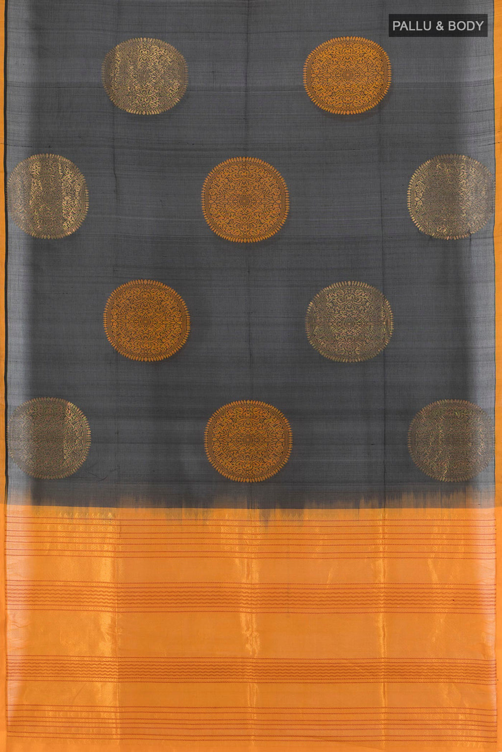 Flat view of Black Silk Cotton Saree with Zari And Thread Butta on the body and Plain Border. 