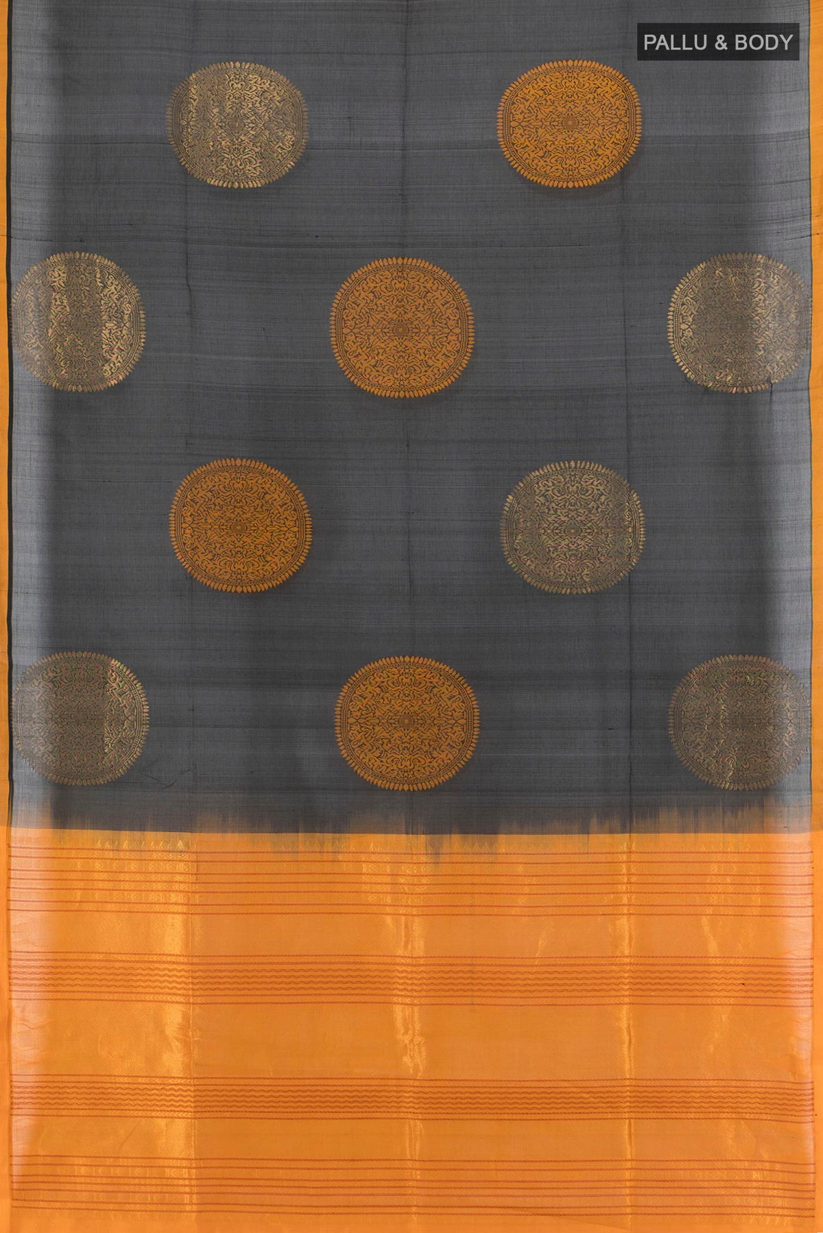 Flat view of Black Silk Cotton Saree with Zari And Thread Butta on the body and Plain Border. 
