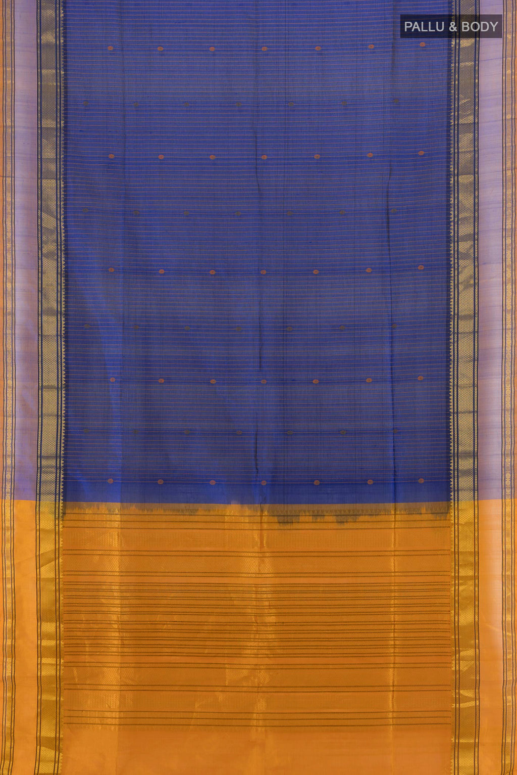 Flat view of Blue Silk Cotton Saree with Stripes on the body and Zari Border. 