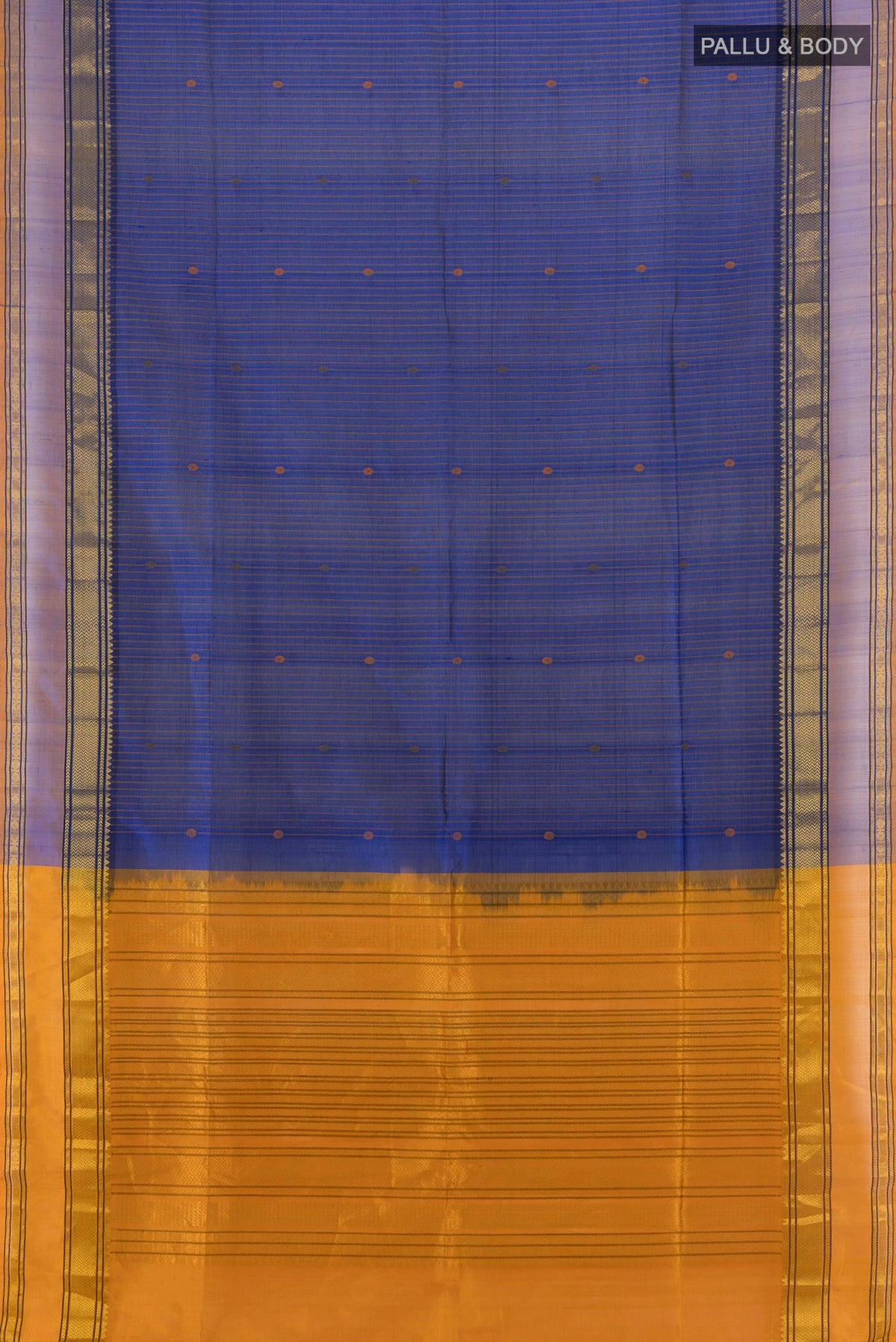 Flat view of Blue Silk Cotton Saree with Stripes on the body and Zari Border. 