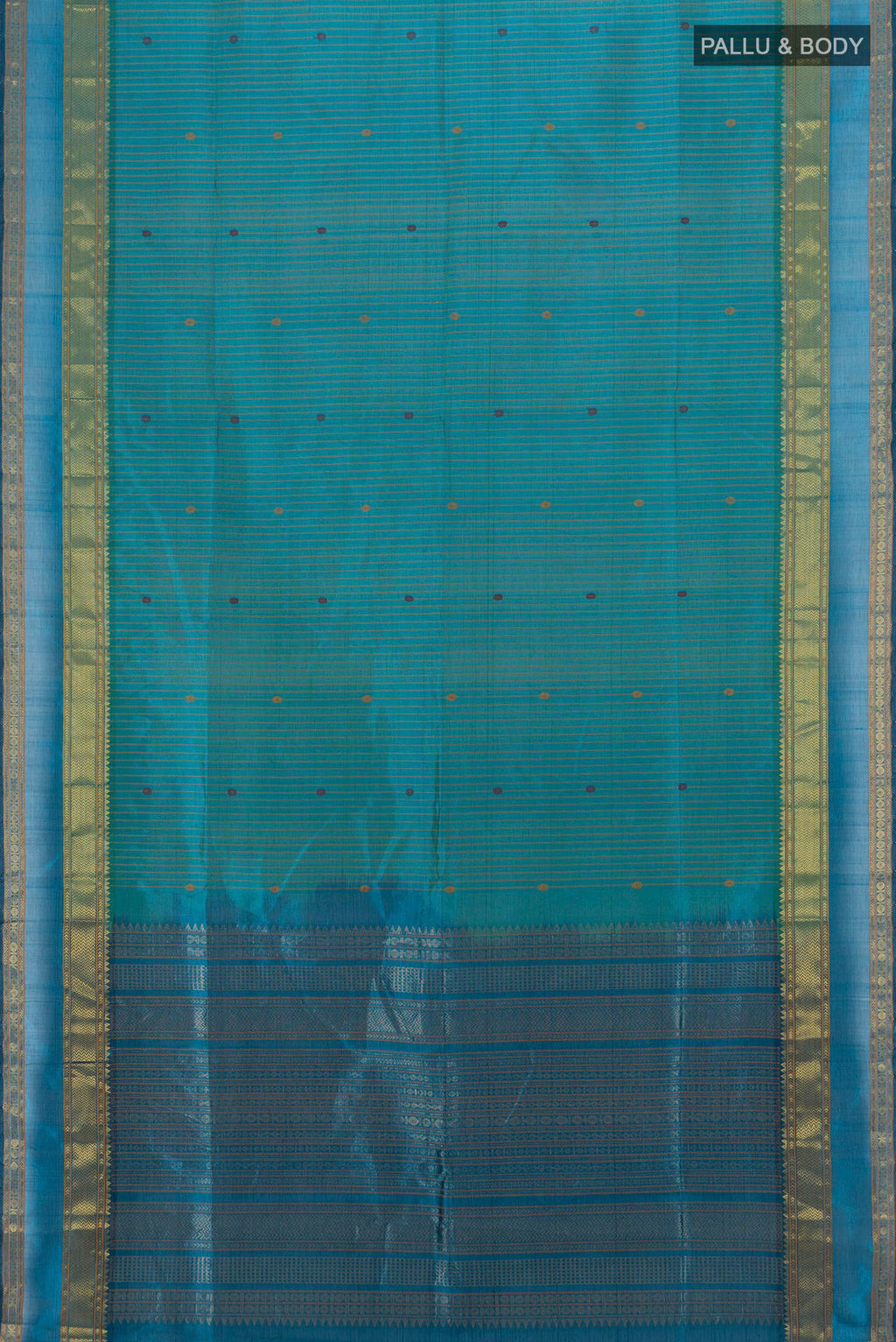 Flat view of Sea Green Silk Cotton Saree with Thread Butta on the body and Zari Border. 