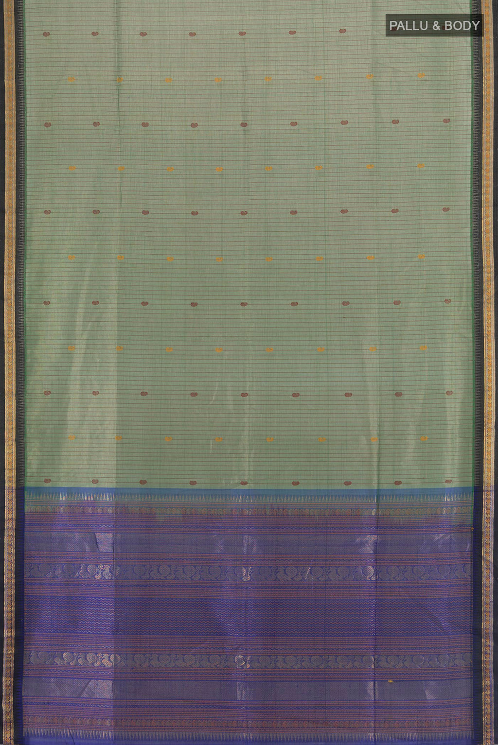 Flat view of Sage Green Silk Cotton Saree with Stripes on the body and Zari Border. 