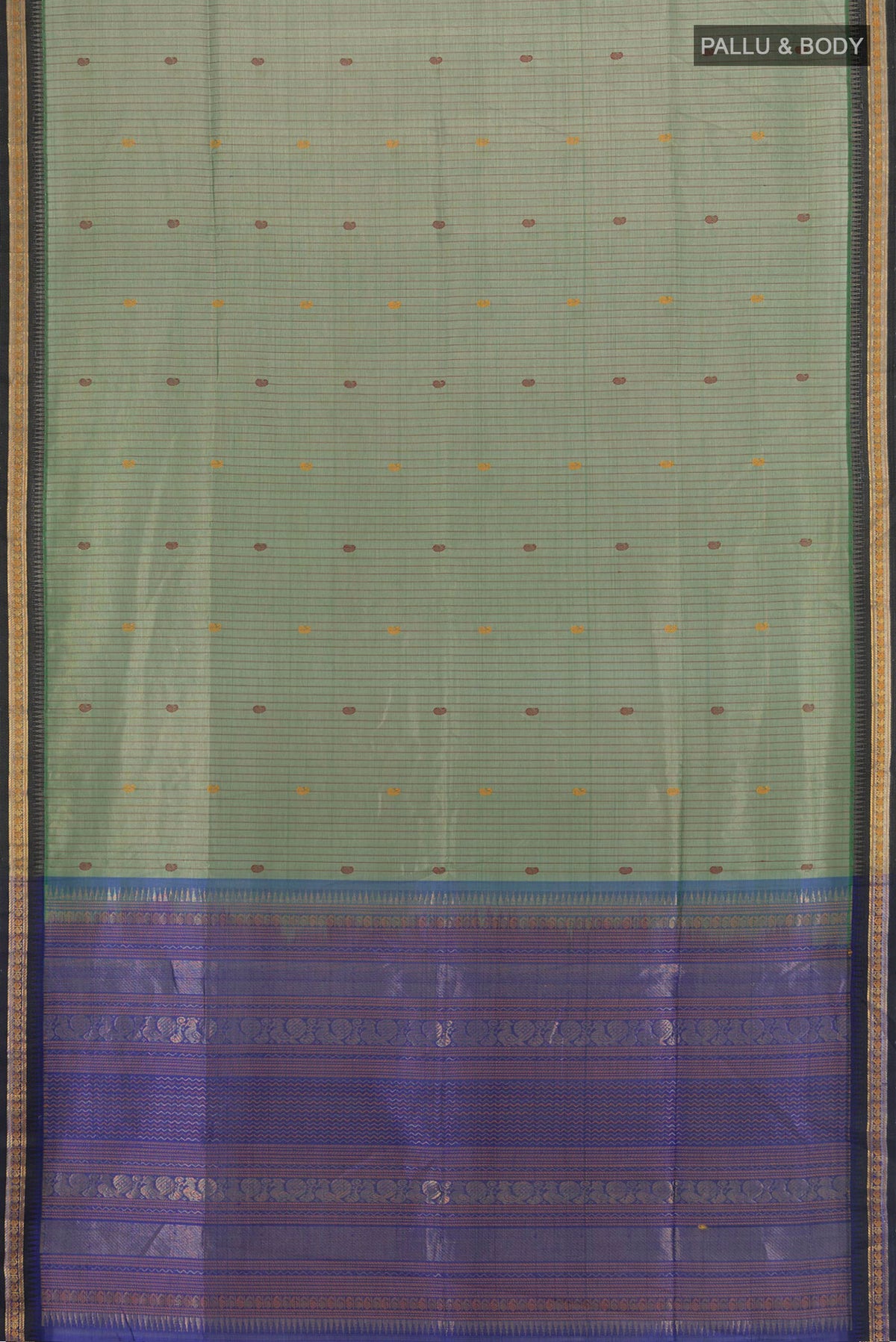 Flat view of Sage Green Silk Cotton Saree with Stripes on the body and Zari Border. 