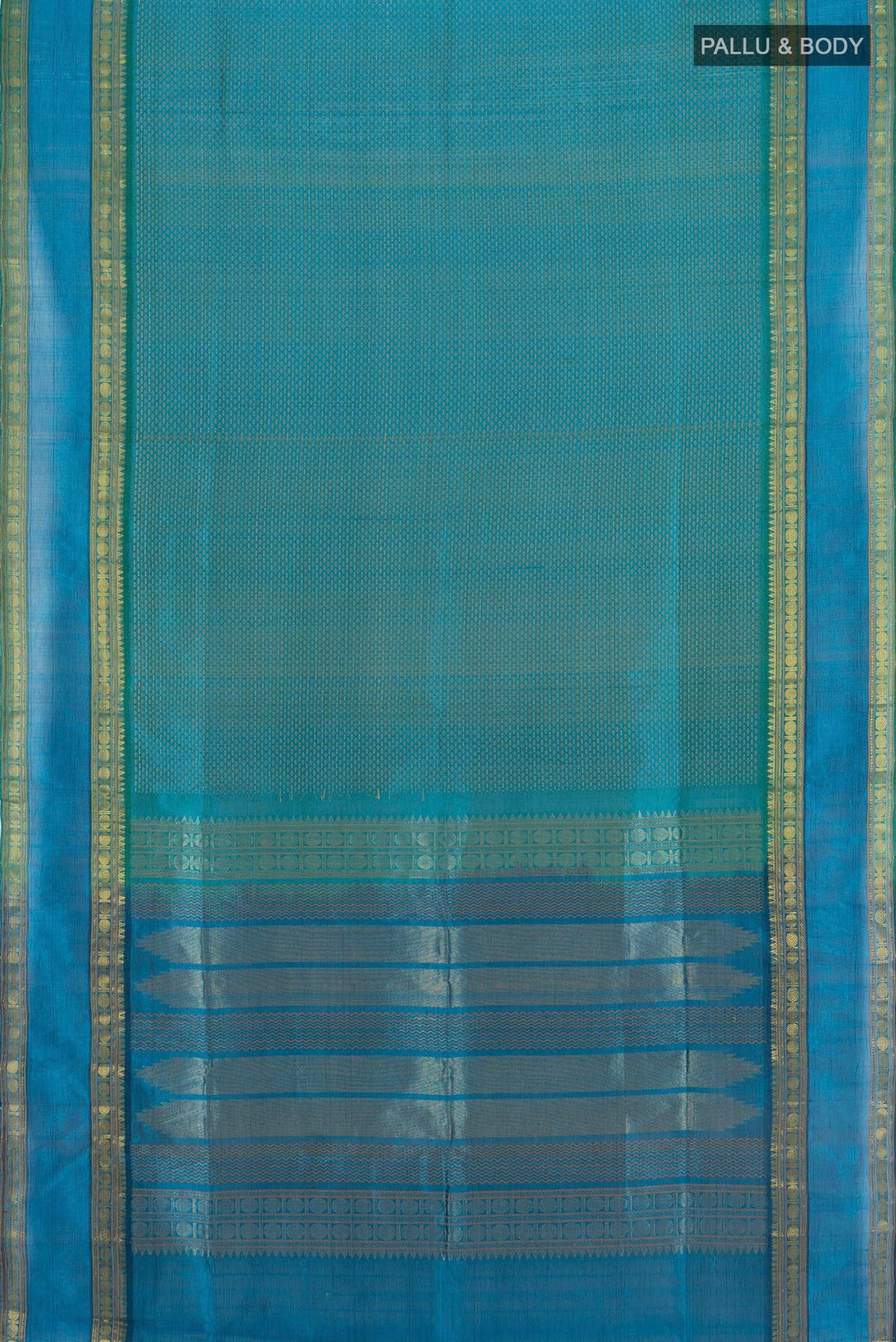 Flat view of Sea Green Silk Cotton Saree with Thread Butta on the body and Zari Border. 