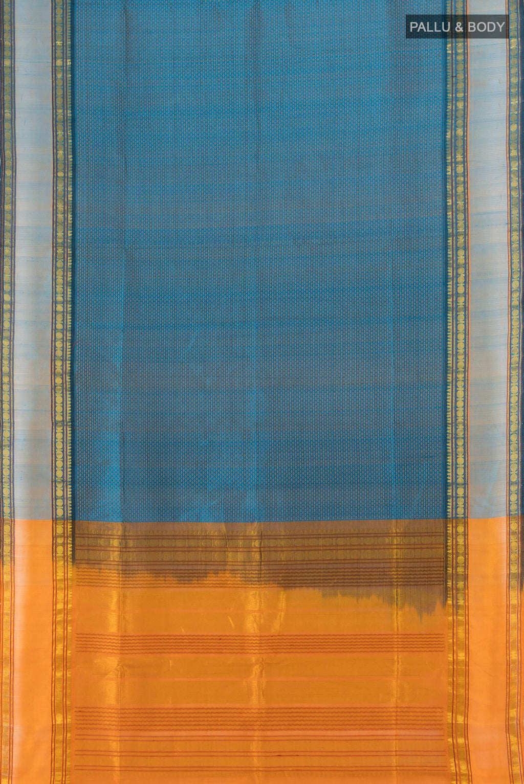 Flat view of Peacock Blue Silk Cotton Saree with Checked design on the body and Zari Border. 