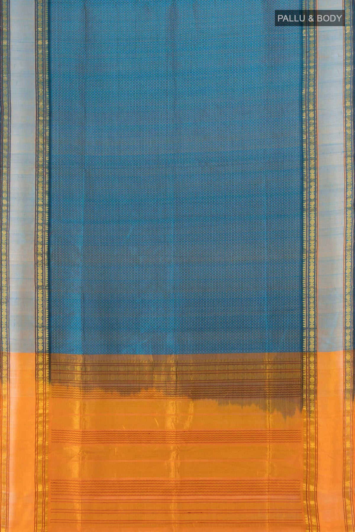 Flat view of Peacock Blue Silk Cotton Saree with Checked design on the body and Zari Border. 