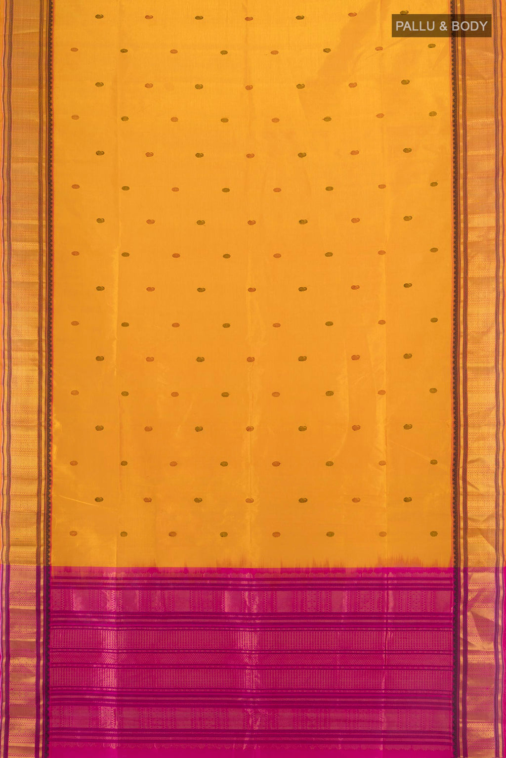 Flat view of Yellow Silk Cotton Saree with Thread Butta on the body and Zari Border. 