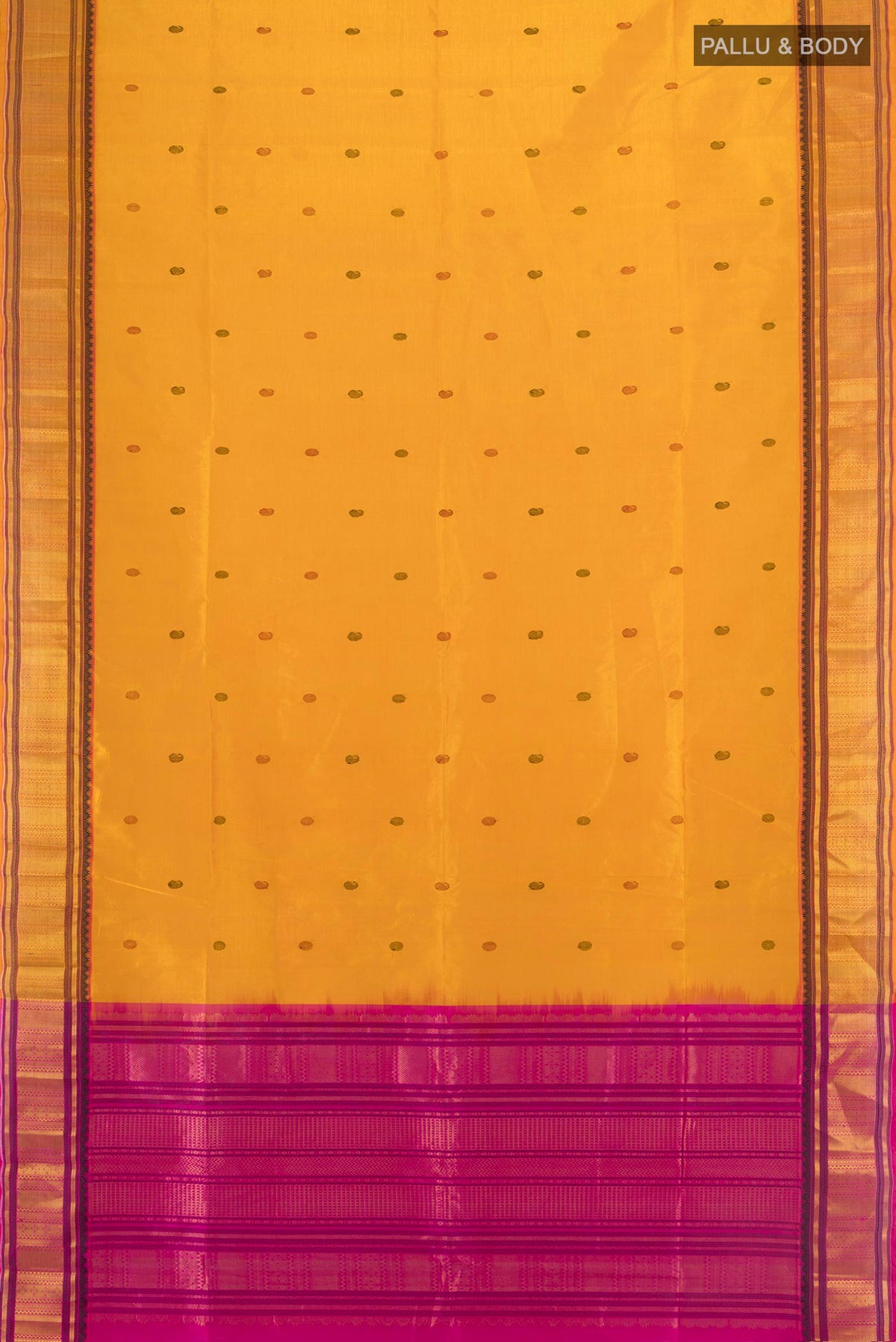 Flat view of Yellow Silk Cotton Saree with Thread Butta on the body and Zari Border. 