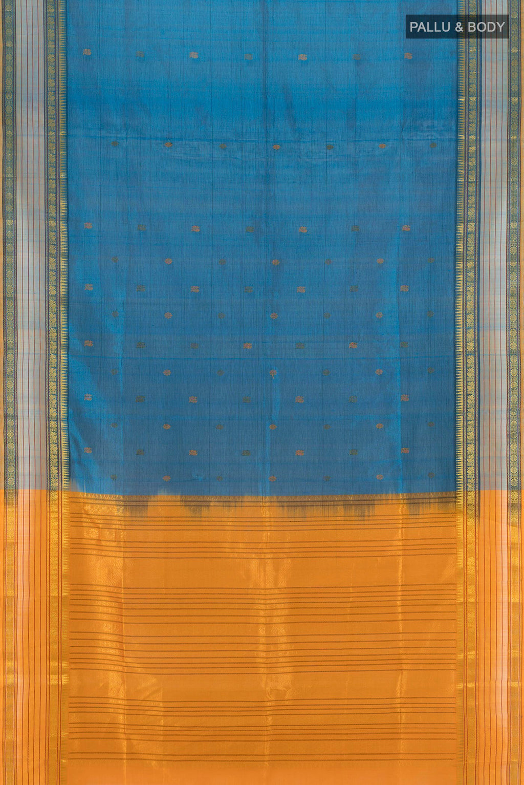 Flat view of Blue Silk Cotton Saree with Thread Butta on the body and Zari Border. 