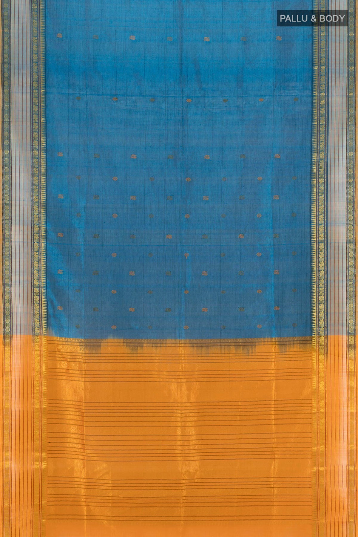 Flat view of Blue Silk Cotton Saree with Thread Butta on the body and Zari Border. 
