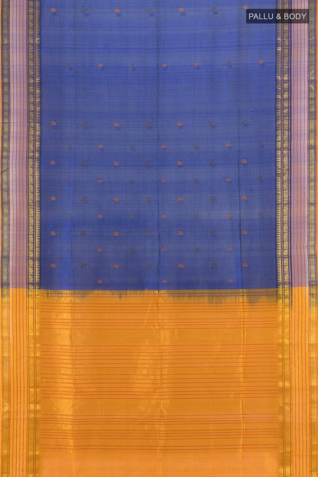 Flat view of Dark Blue Silk Cotton Saree with Thread Butta on the body and Zari Border. 