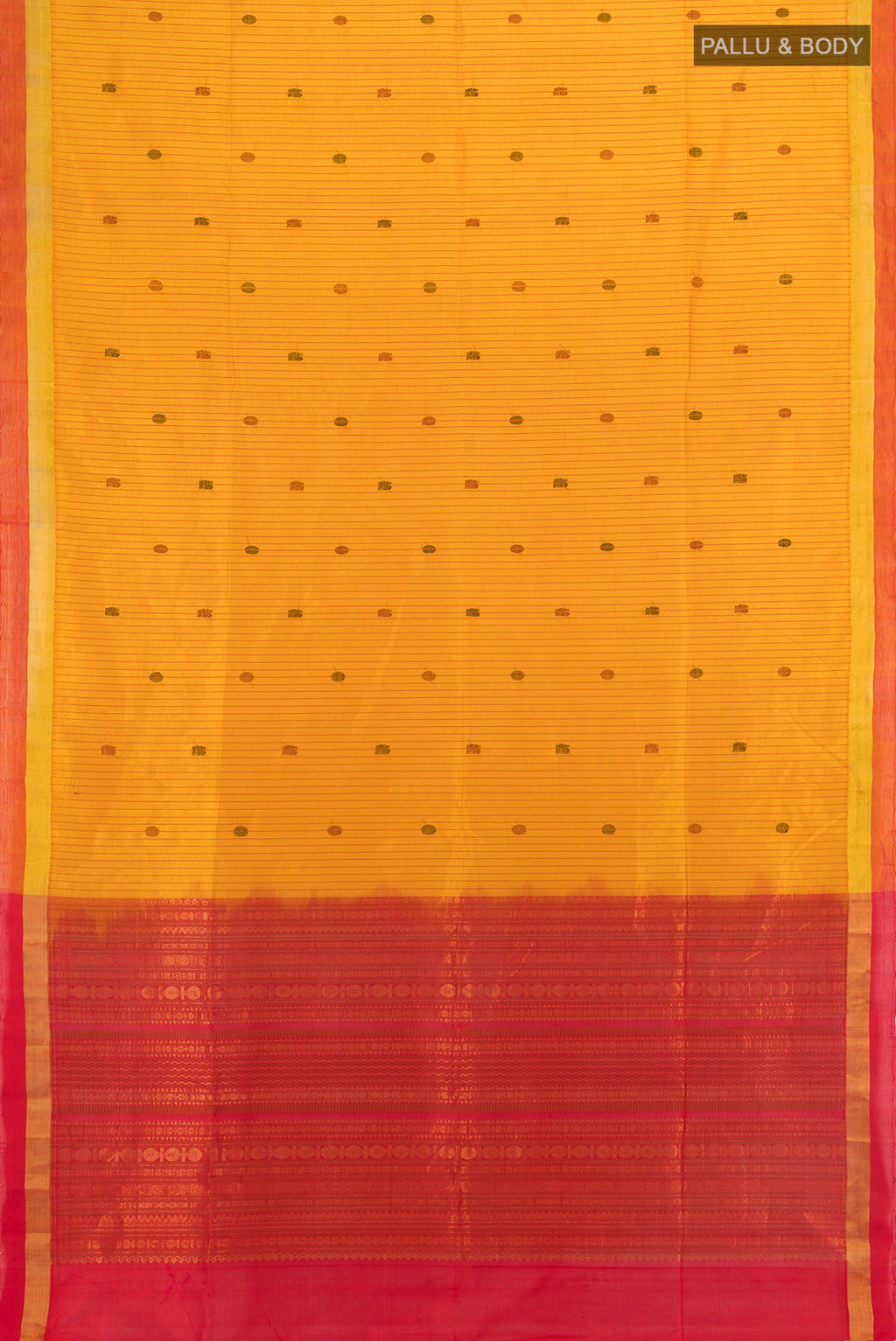 Flat view of Mustard Silk Cotton Saree with Stripes on the body and Plain Border. 