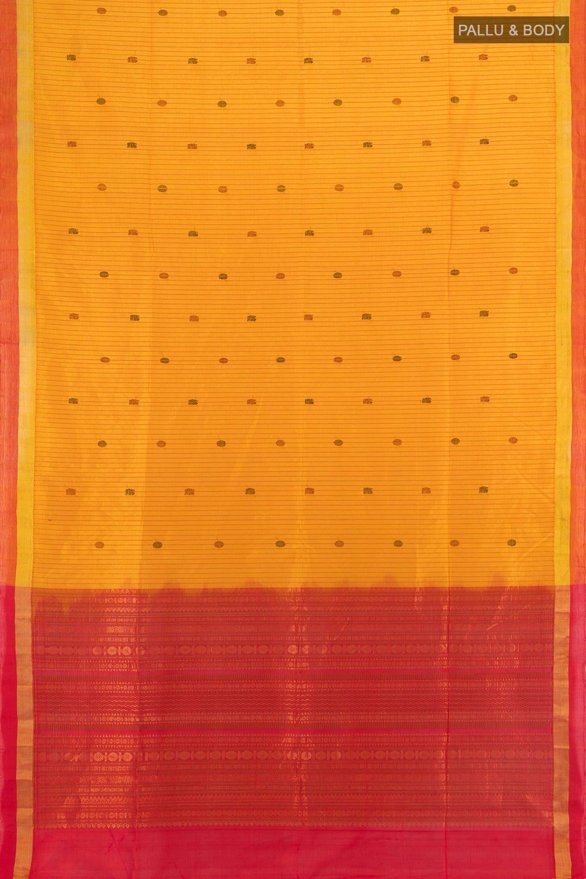 Flat view of Mustard Silk Cotton Saree with Stripes on the body and Plain Border. 