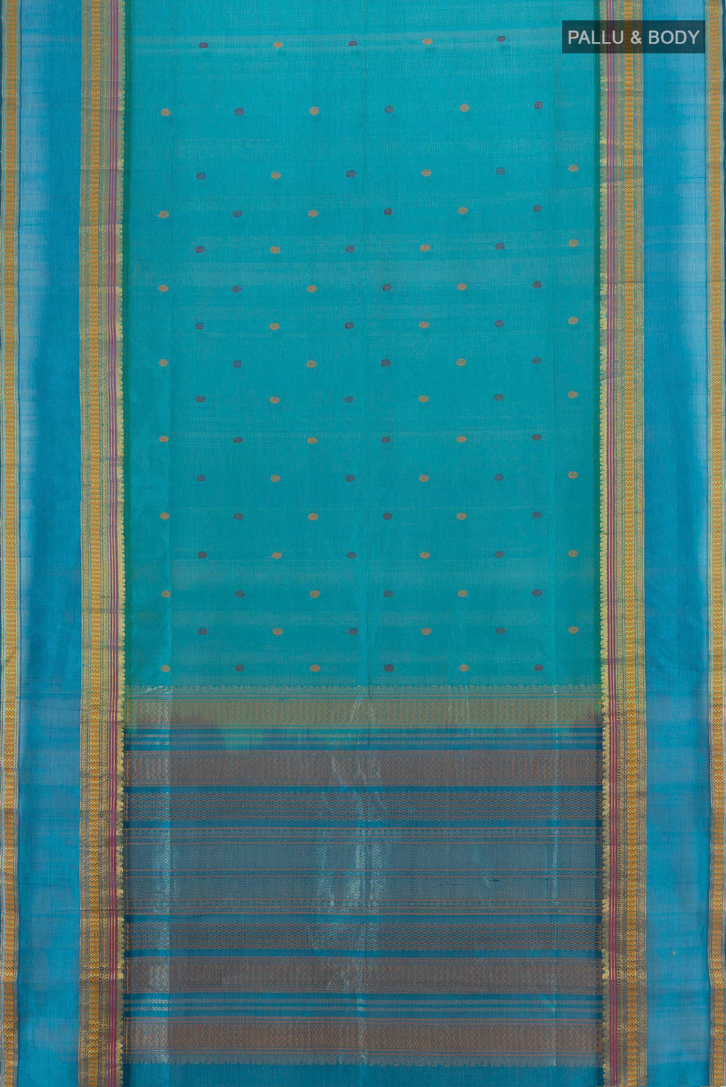 Flat view of Light Blue Silk Cotton Saree with Thread Butta on the body and Thread Border. 