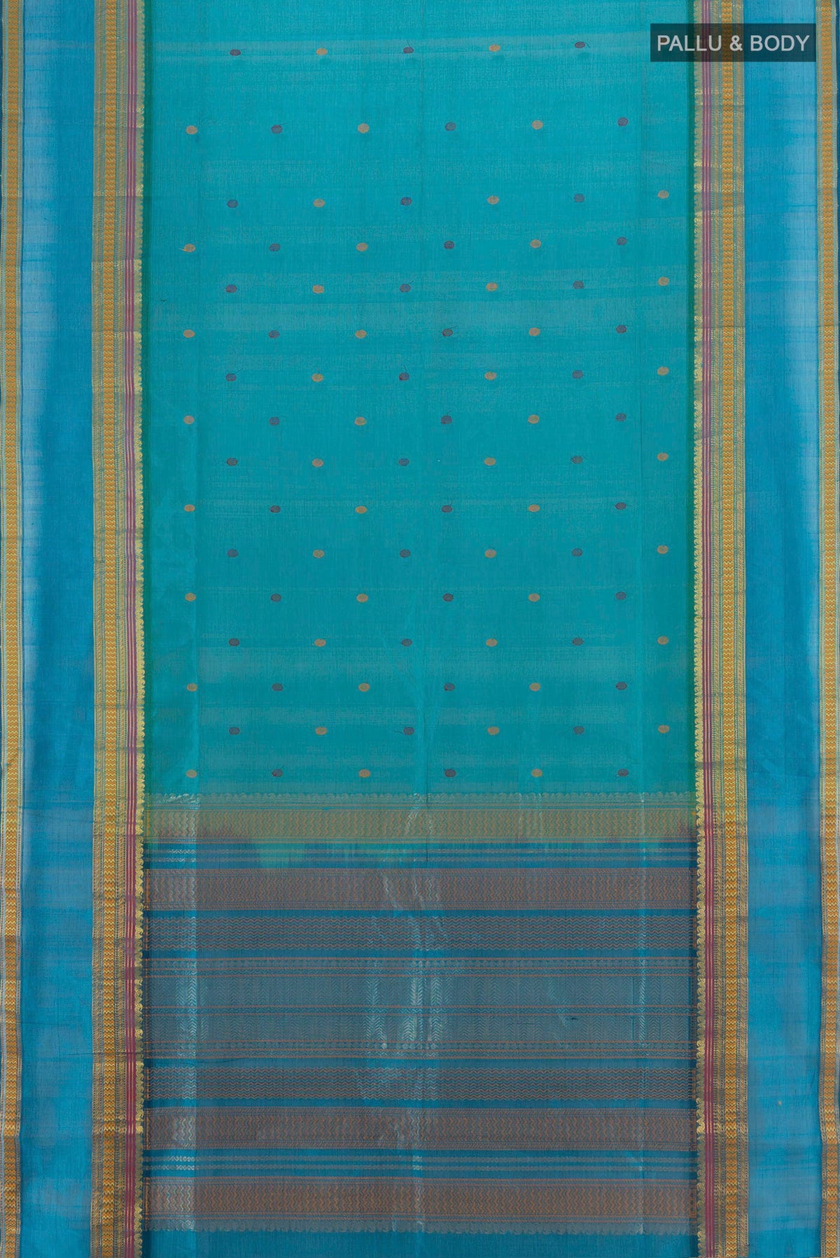Flat view of Light Blue Silk Cotton Saree with Thread Butta on the body and Thread Border. 