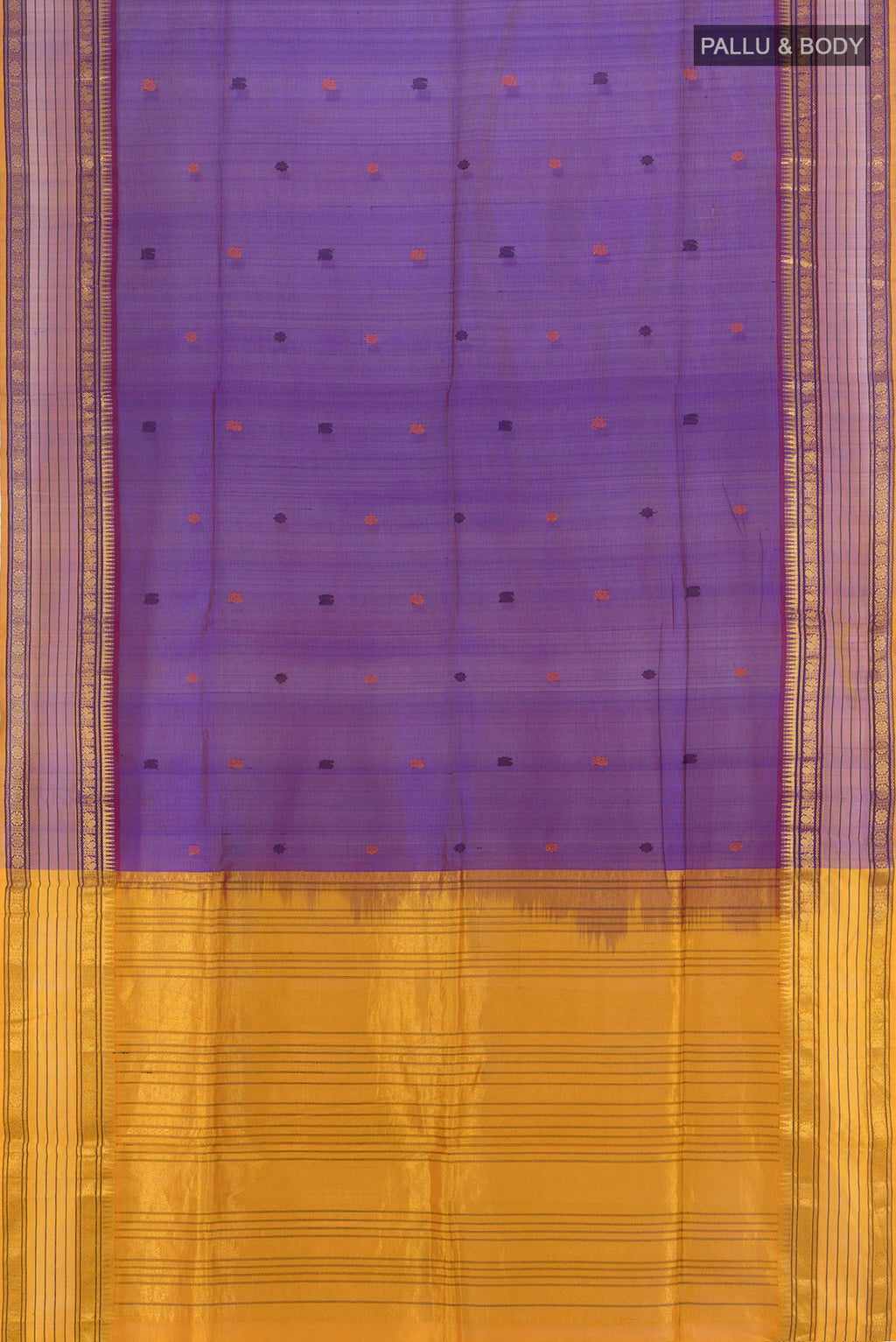 Flat view of Purple Silk Cotton Saree with Thread Butta on the body and Zari Border. 