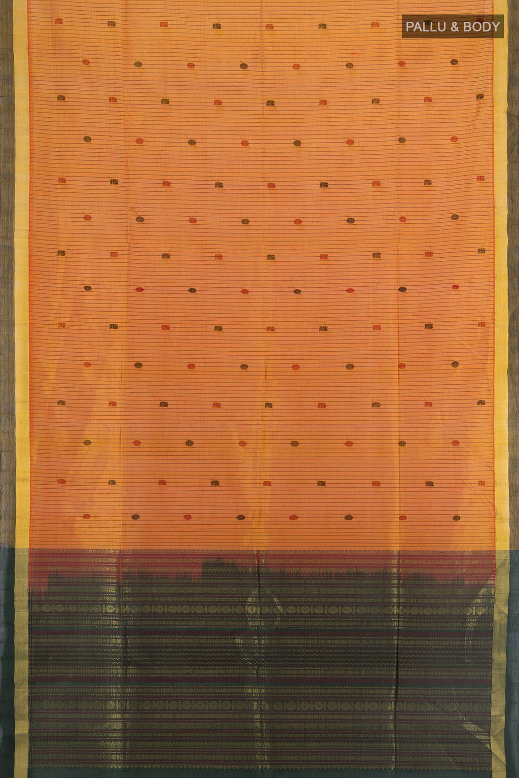 Flat view of Mustard Silk Cotton Saree with Stripes on the body and Plain Border. 